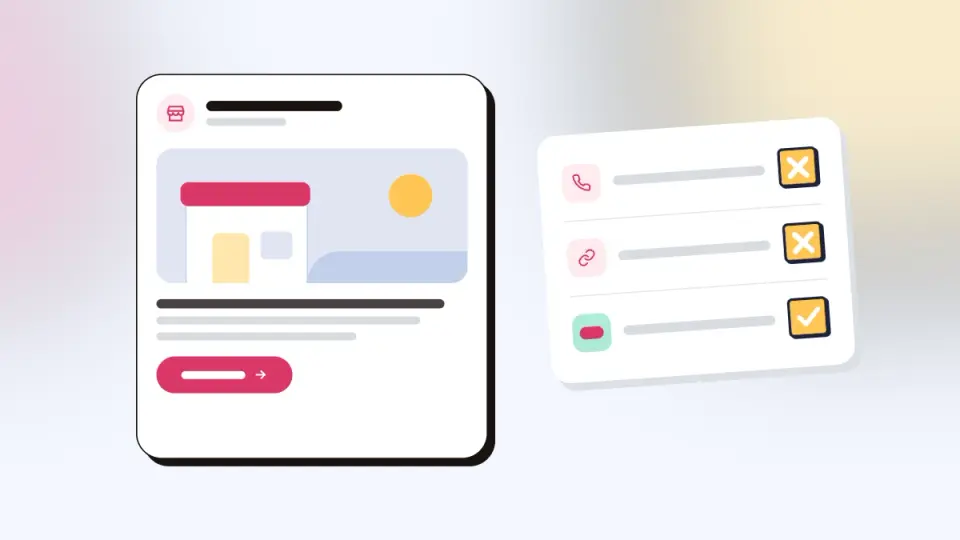 Post Google stylisé à côté d'une liste où le téléphone et le lien sont barrés et le bouton d'action validé
