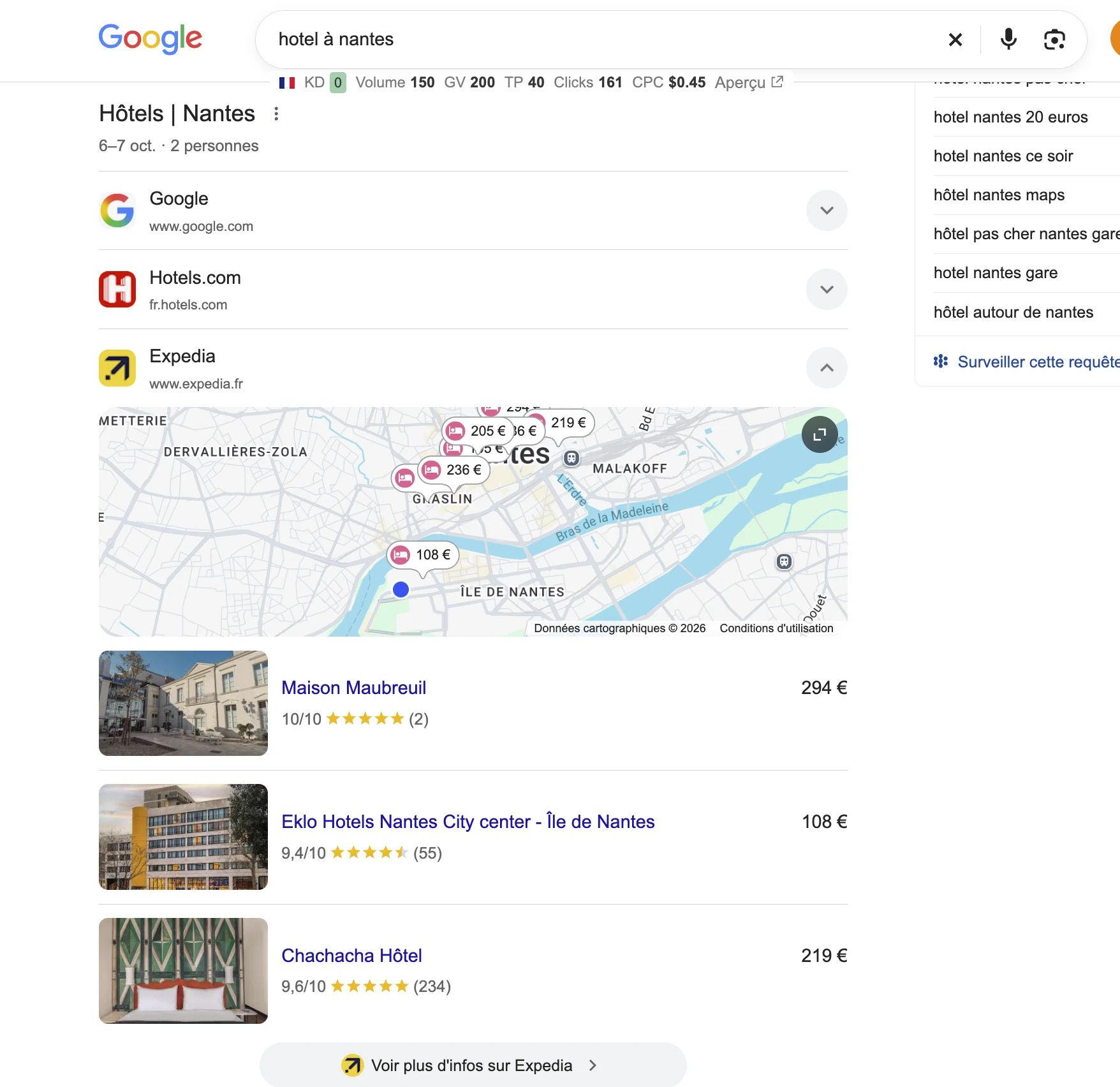 Recherche hôtel à Nantes sur Google : Hotels.com et Expedia dans le bloc Hôtels