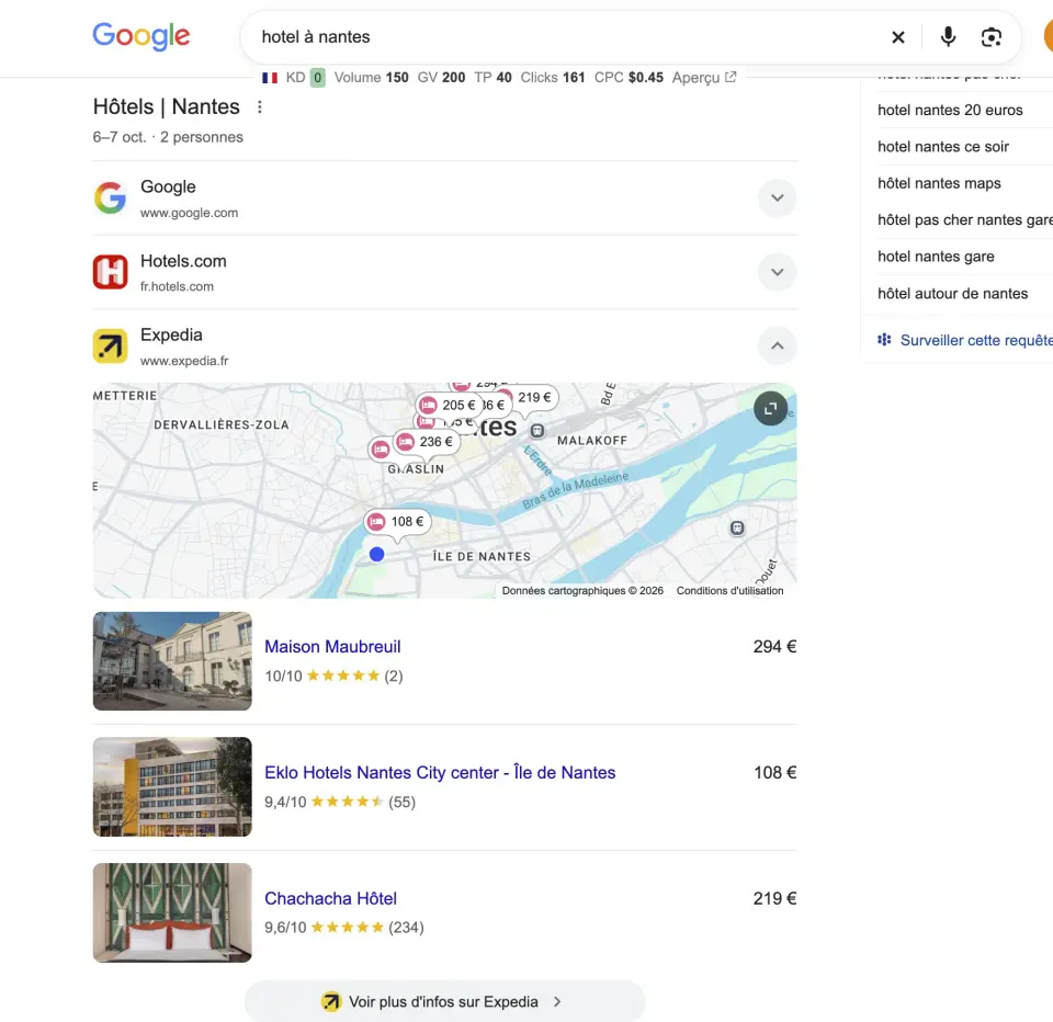 Recherche hôtel à Nantes sur Google : Hotels.com et Expedia dans le bloc Hôtels