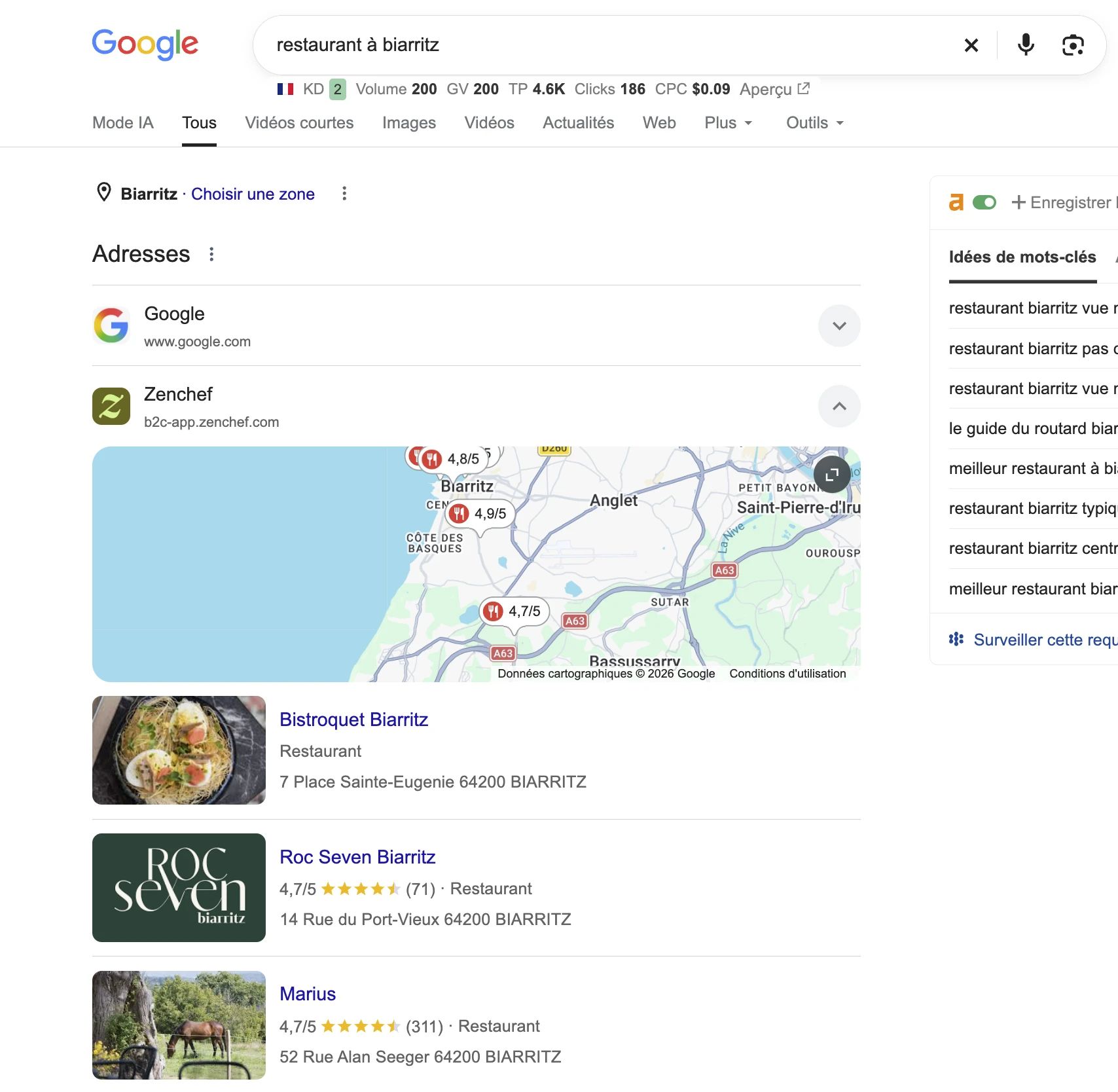 Recherche restaurant à Biarritz sur Google : résultats Zenchef dans le bloc Adresses