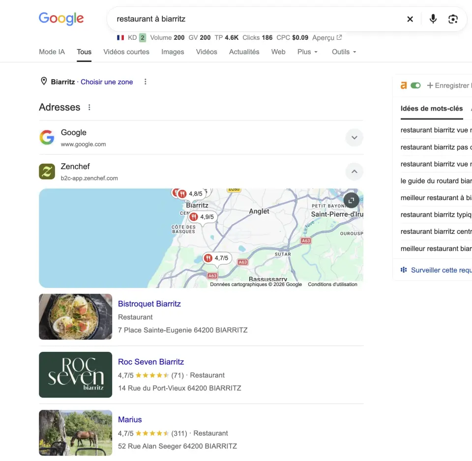 Recherche restaurant à Biarritz sur Google : résultats Zenchef dans le bloc Adresses